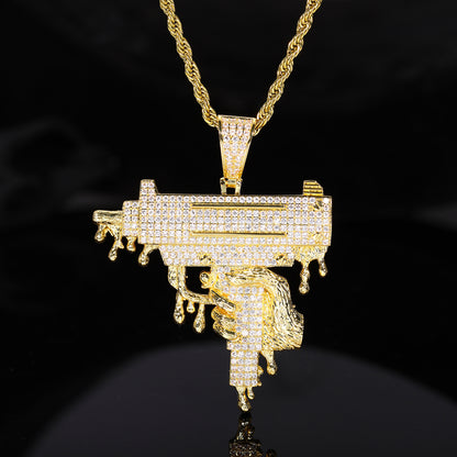 Iced Out UZI Pendant Necklace for Men and Women - Hip Hop Cubic Zirconia Rope Chain Statement Jewelry