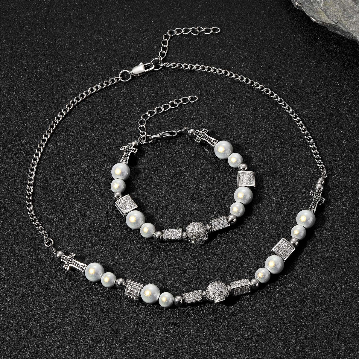 Hip Hop Vintage Cross Skull Pearl Bracelet for Men product image