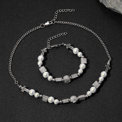Hip Hop Vintage Cross Skull Pearl Bracelet for Men