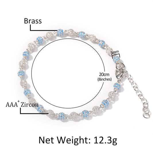 Unisex Hip Hop Cubic Zirconia Beaded Bracelet in Gold or Silver Tone, 7 Inch & 8 Inch Chain Bracelet