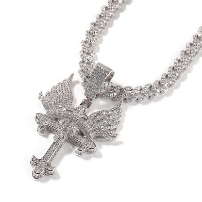 Iced Winged Cross Pendant Necklace with Twisted Chain for Women & Men