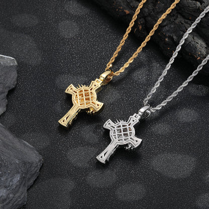 Crown of Thorns Cross Pendant Rope Chain Necklace for Men, Iced-Out Hip Hop Copper Jewelry