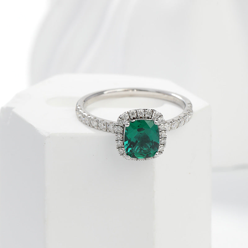 S925 Sterling Silver Lab-Grown Emerald Halo Ring, Cushion Cut product image
