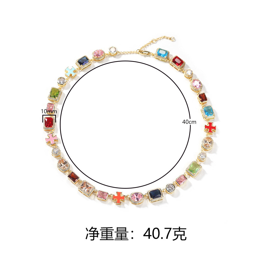 Hip Hop Statement Bracelet and Necklace Set for Women & Men, Colorful Geometric Chain Jewelry in Gold Tone and Silver Tone