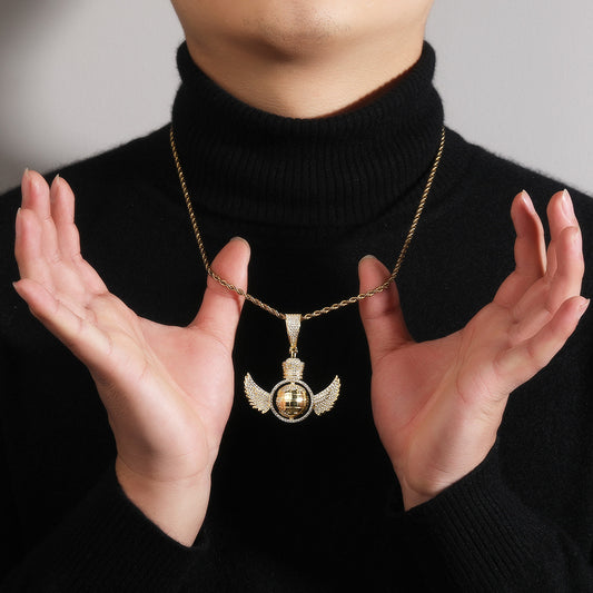 Iced Wing Globe Pendant Necklace with Cubic Zirconia Twisted Chain for Women and Men