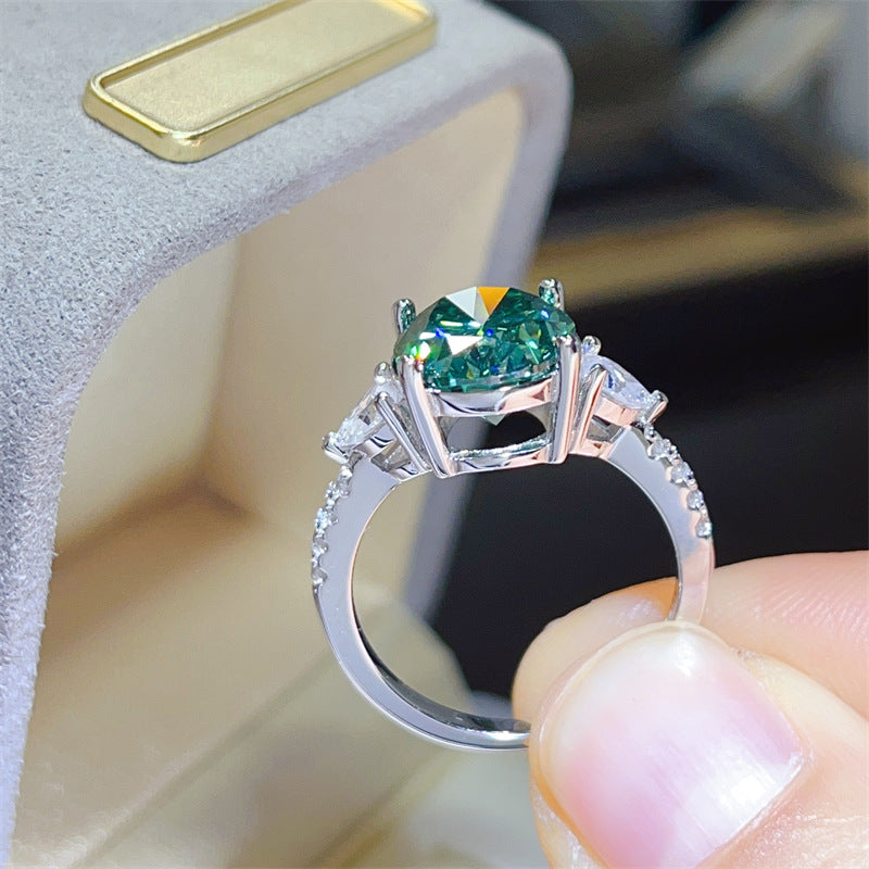 5 Carat Green Oval Moissanite Ring for Women, Micro Pave Halo-Style Engagement Ring product image