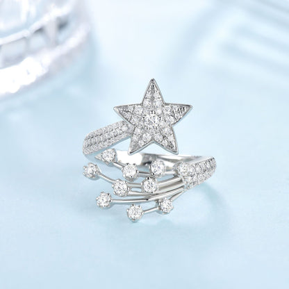 Moissanite Star Open Ring for Women, Silver Comet Celestial Ring