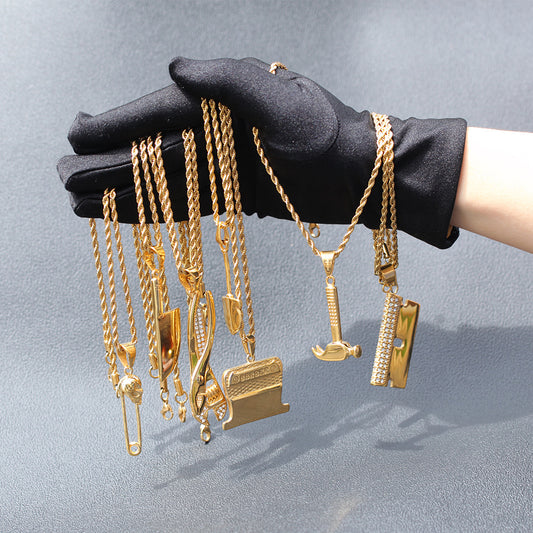 Men’s Gold Plated Stainless Steel Tool Pendant Necklace with 24 Inch Chain – Hip Hop Statement Charm Necklace