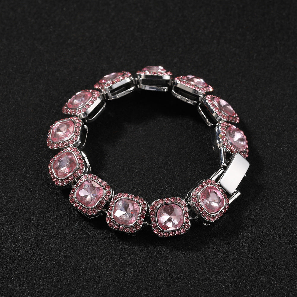 Pink Crystal Hip Hop Bracelet for Women and Men - Silver Plated Alloy Chain Bracelet in Cuban Link, Round, Heart, and Square Styles