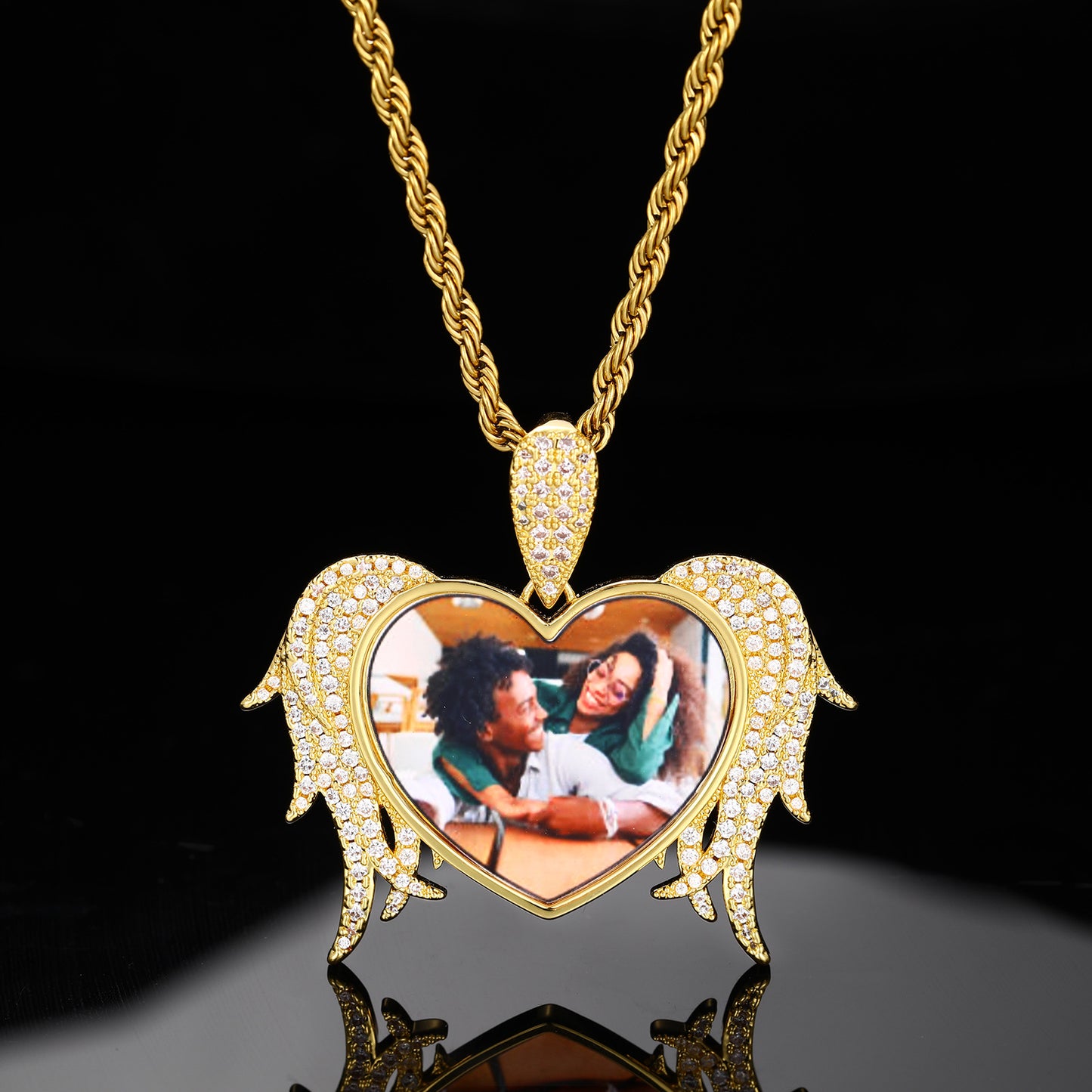Custom Photo Heart Wing Pendant Necklace in Silver Tone with Rope Chain product image