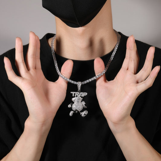 Iced Out Cartoon Pendant Necklace for Women and Men - Cubic Zirconia Hip Hop Statement Chain in Gold or Silver, 24 Inch Twist Chain