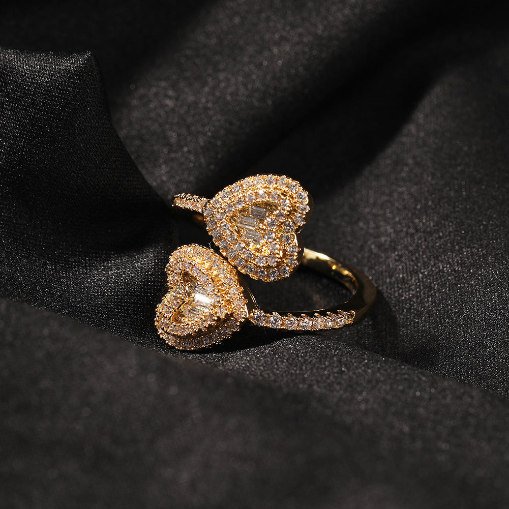 Unisex Double Heart Open Ring with Cubic Zirconia in Gold, Silver & Rose Gold product image