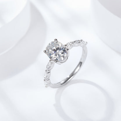 Oval Moissanite Ring for Women, Four-Prong Solitaire Ring with Marquise-Style Side Stones