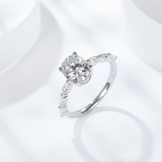 Oval Moissanite Ring for Women, Four-Prong Solitaire Ring with Marquise-Style Side Stones alternate product image