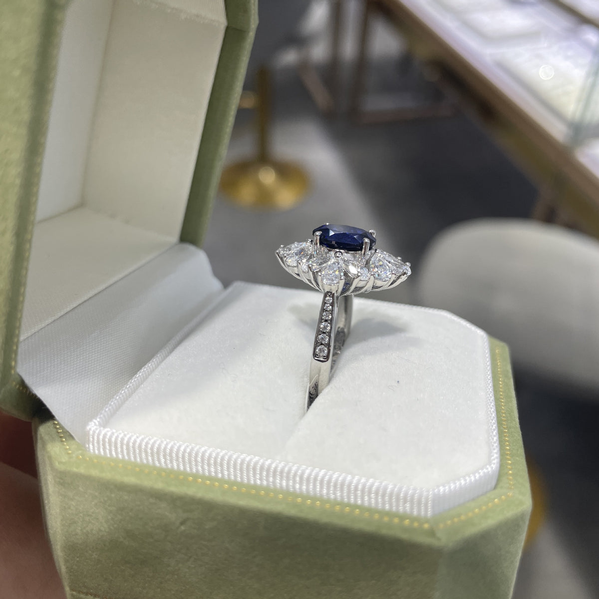 Oval Blue Sapphire Halo Ring for Women, Sterling Silver Look Statement Ring, Promise Ring, Gift Ring product image