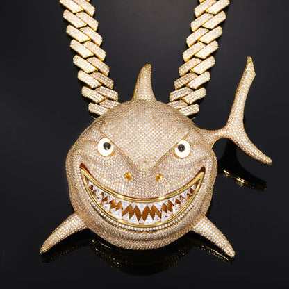 Iced Out Shark Pendant Necklace for Men with Stainless Steel Twist Chain
