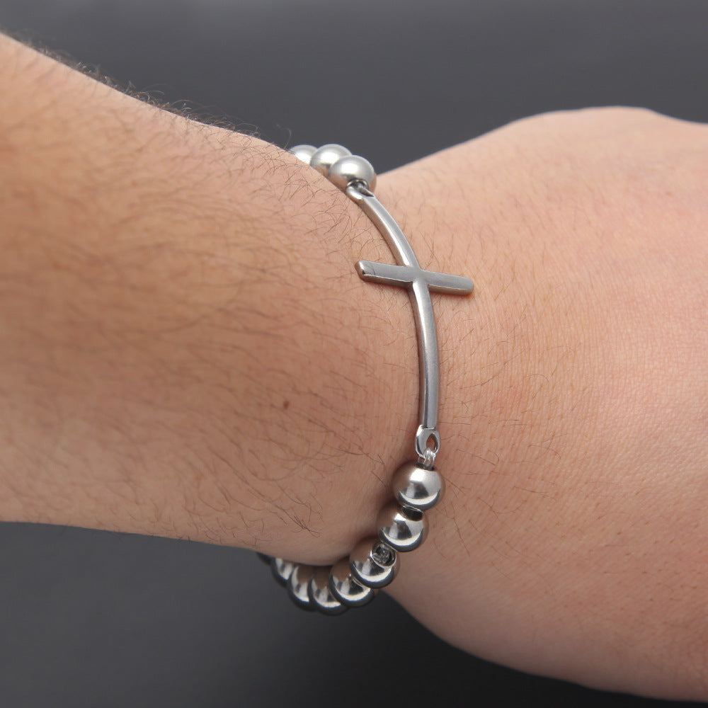 Polished Stainless Steel Cross Beaded Bracelet 8mm – Unisex Trendy Statement Chain Bracelet product image