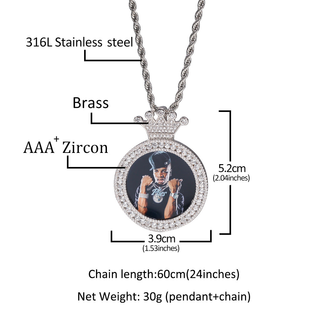 Custom Crown Round Photo Pendant Necklace with Cubic Zirconia Twisted Chain for Women