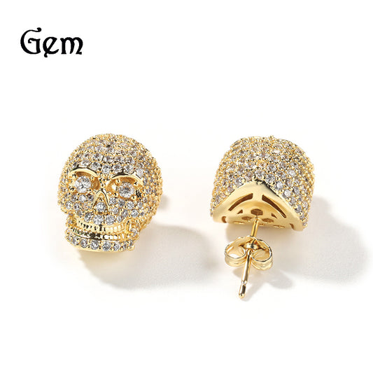 Unisex Skull Stud Earrings with Cubic Zirconia - Hip Hop Statement Earrings in Gold or Silver Tone