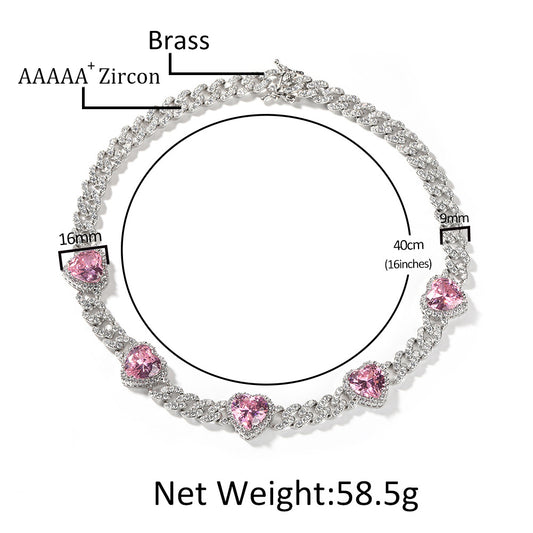 Iced Heart Cuban Link Necklace Bracelet with Pink Cubic Zirconia Pendant for Women & Men