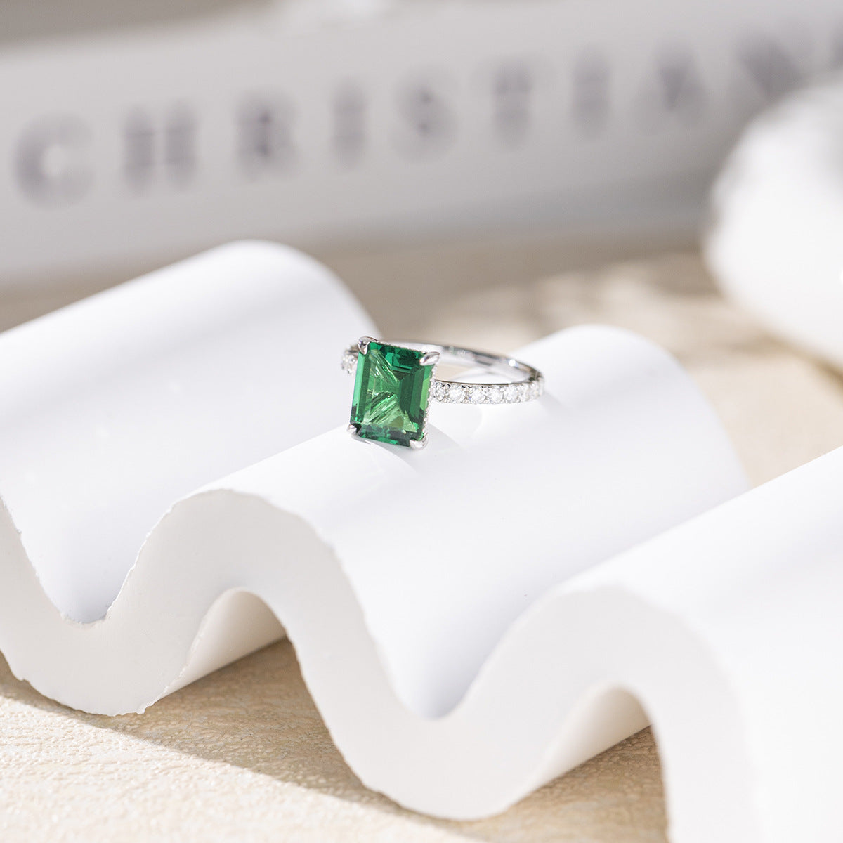 4-Carat Emerald-Cut Green Stone Ring, S925 Sterling Silver Engagement Ring product image