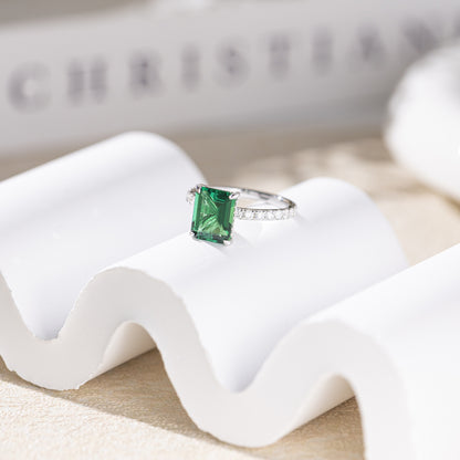 4-Carat Emerald-Cut Green Stone Ring, S925 Sterling Silver Engagement Ring