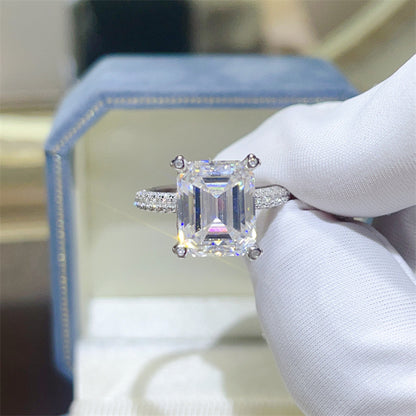 5 Carat Emerald Cut Moissanite Ring for Women, Pavé Band Engagement Style Ring