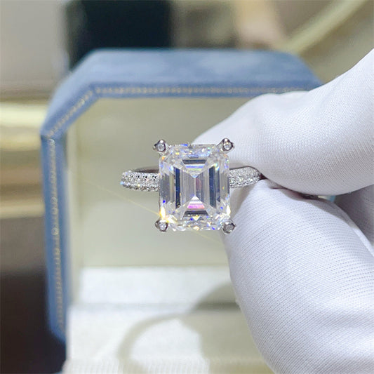 5 Carat Emerald Cut Moissanite Ring for Women, Pavé Band Engagement Style Ring