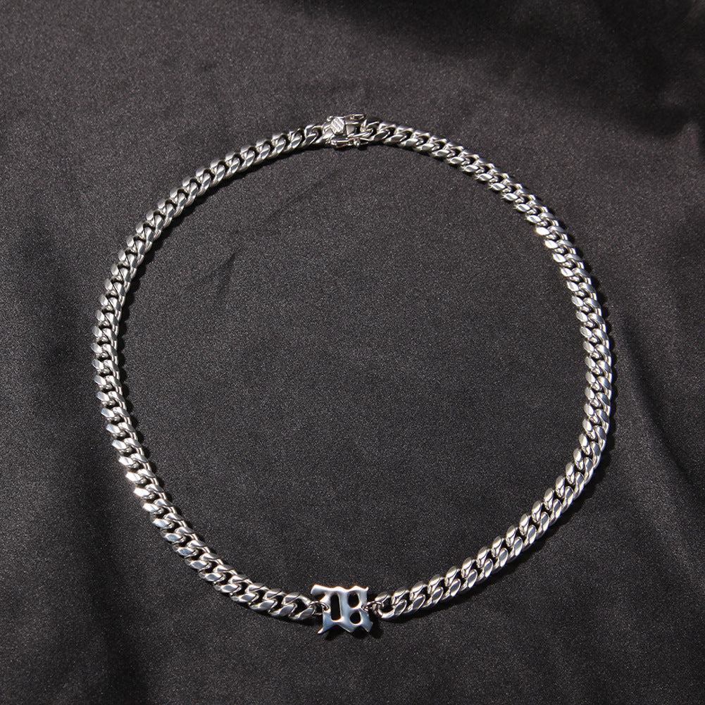 Unisex Stainless Steel Cuban Chain Necklace with Polished Letter Pendant - Hip Hop Statement Chain
