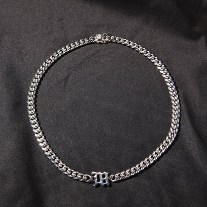 Unisex Stainless Steel Cuban Chain Necklace with Polished Letter Pendant - Hip Hop Statement Chain
