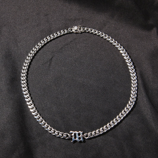 Unisex Stainless Steel Cuban Chain Necklace with Polished Letter Pendant - Hip Hop Statement Chain