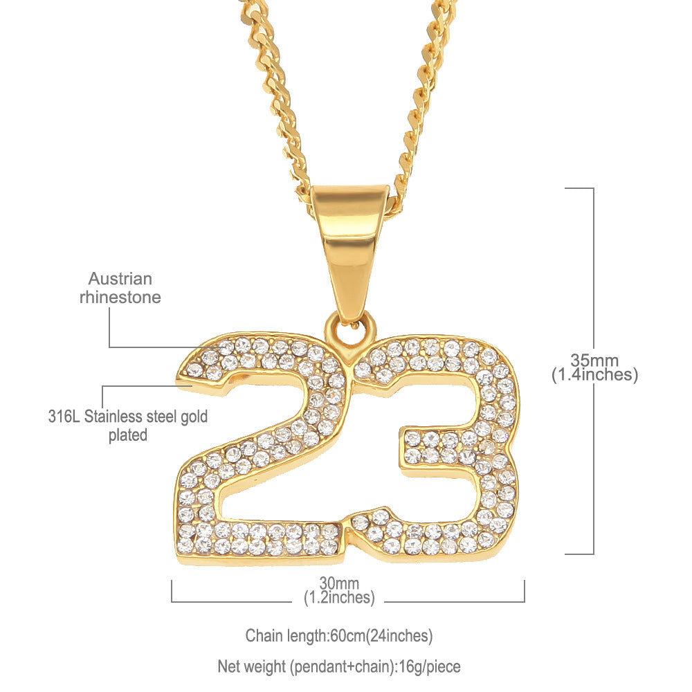 Iced Number 23 Pendant Necklace with 3mm Cuban Chain - Stainless Steel Gold or Silver Hip Hop Statement Necklace for Women and Men