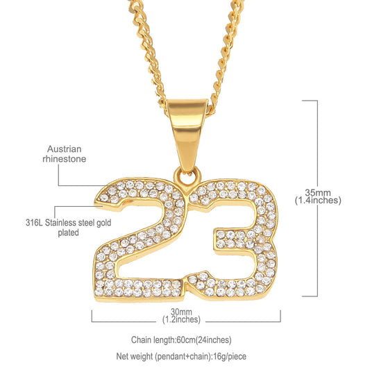 Iced Number 23 Pendant Necklace with 3mm Cuban Chain - Stainless Steel Gold or Silver Hip Hop Statement Necklace for Women and Men