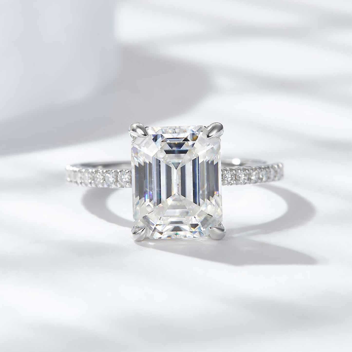 4 Carat Emerald Cut Moissanite Ring in 925 Silver, Pavé Band Promise Ring product image