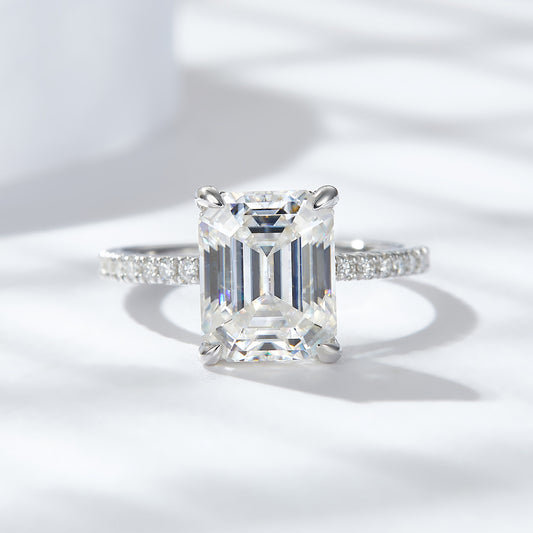 4 Carat Emerald Cut Moissanite Ring in 925 Silver, Pavé Band Promise Ring alternate product image