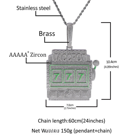 Iced 777 Slot Machine Pendant Necklace with Twisted Chain for Women and Men