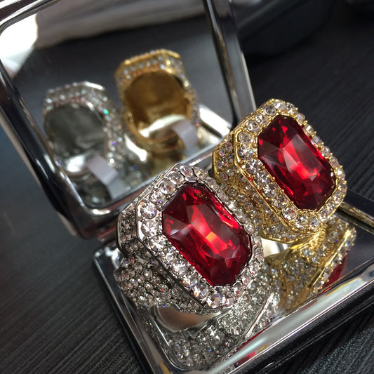 Unisex Hip Hop Square Gem Statement Ring with Crystal Pave - Gold or Silver Plated Ruby, Sapphire, Emerald, Black Stone Ring