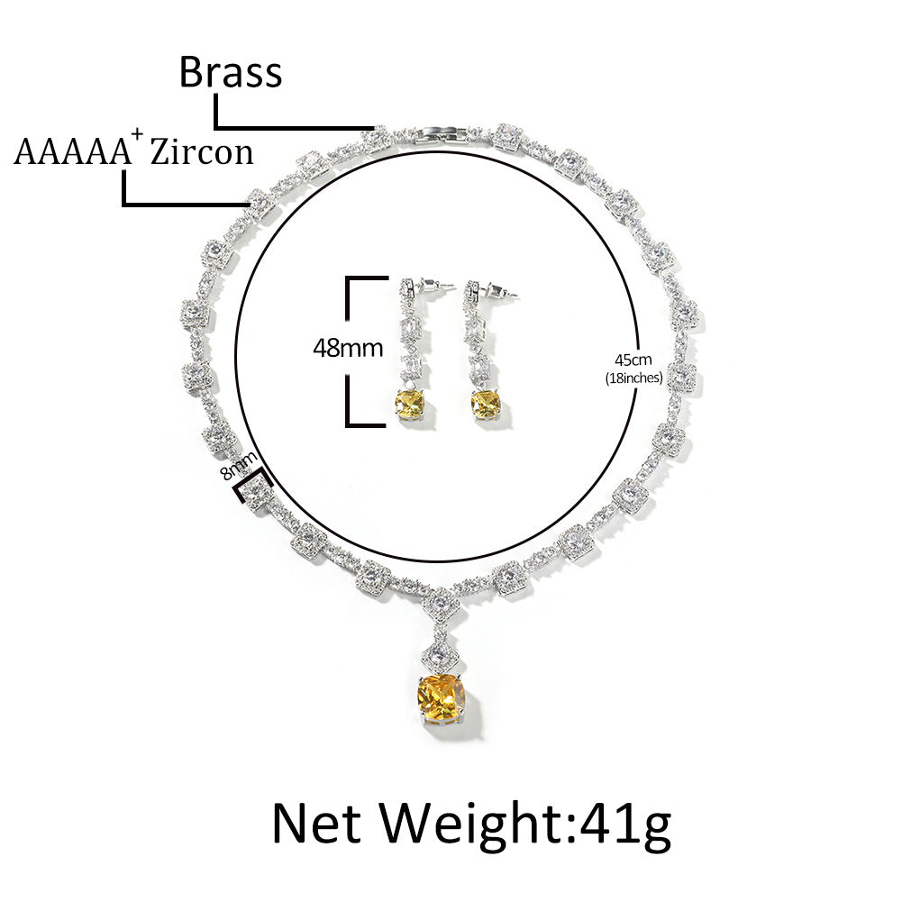 Luxury Cubic Zirconia Chain Necklace and Earrings Set for Women with Yellow Stone Pendant