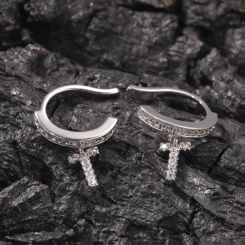 Unisex Cubic Zirconia Cross Hoop Earrings in Gold or Silver Tone Minimalist Statement Jewelry product image