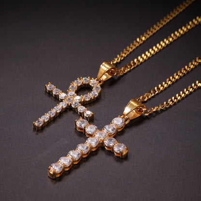 Gold Plated Stainless Steel Cross Pendant Necklace with Crystal Cuban Chain for Women