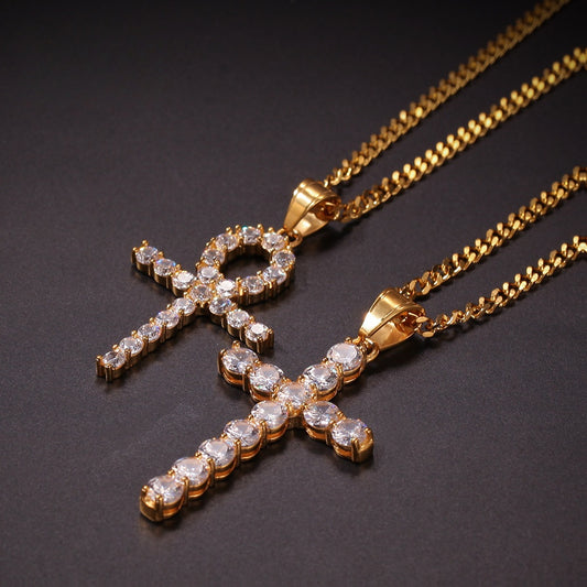 Gold Plated Stainless Steel Cross Pendant Necklace with Crystal Cuban Chain for Women
