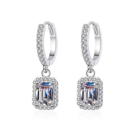 Moissanite Halo Drop Hoop Earrings for Women, Emerald Cut Pear Heart Oval Dangle Earrings
