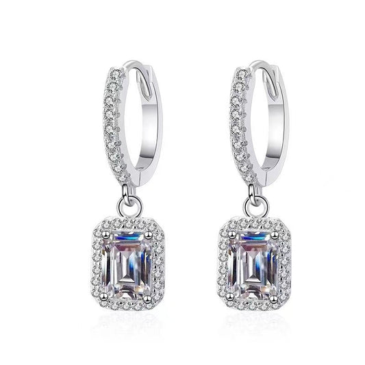 Moissanite Halo Drop Hoop Earrings for Women, Emerald Cut Pear Heart Oval Dangle Earrings