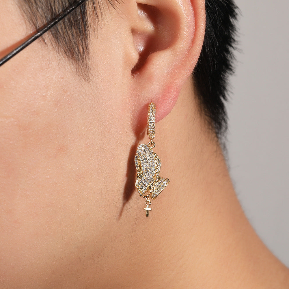 Iced Praying Hands Hoop Earrings for Women and Men – Gold Plated or Silver Plated Hip Hop Statement Earrings