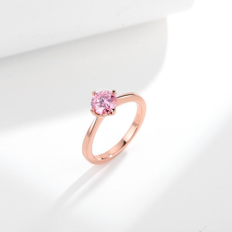 Pink Moissanite Solitaire Ring, 6.5mm Round Stone, S925 Sterling Silver with 18K Rose Gold Plating product image