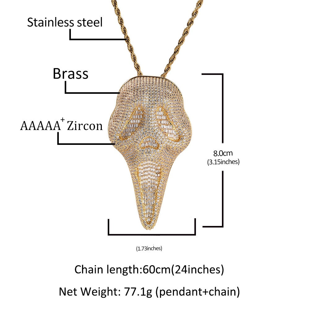 Iced Skull Head Pendant Necklace with Cubic Zirconia Twisted Chain - Hip Hop Statement Necklace in Gold or Silver product image