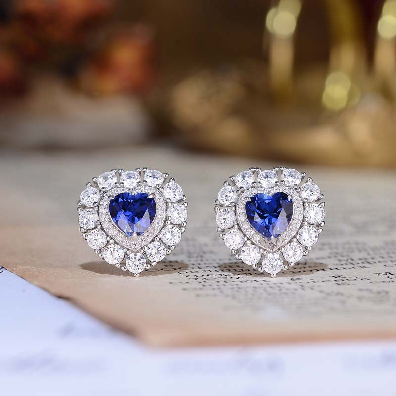 Blue Heart Stud Earrings for Women, Created Sapphire Halo Earrings product image