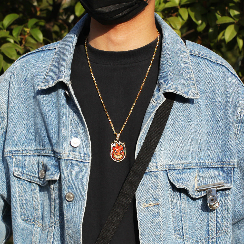 Gold Tone Stainless Steel Flame Face Pendant Necklace with crystal detail Detail product image