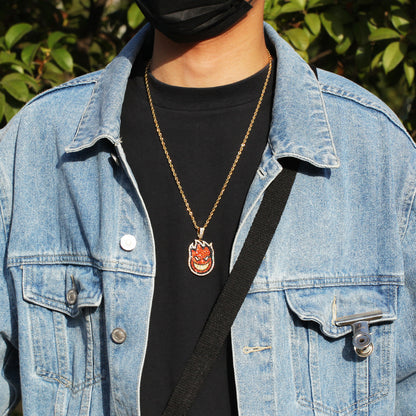 Gold Tone Stainless Steel Flame Face Pendant Necklace with crystal detail Detail