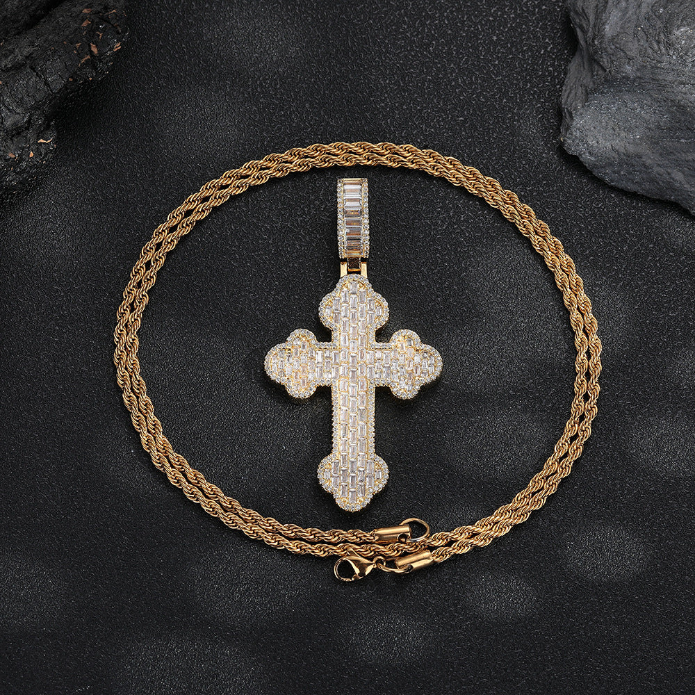 Iced Cross Pendant Rope Chain Necklace for Men, Hip Hop Pendant, Copper, Gold Tone or Silver Tone product image